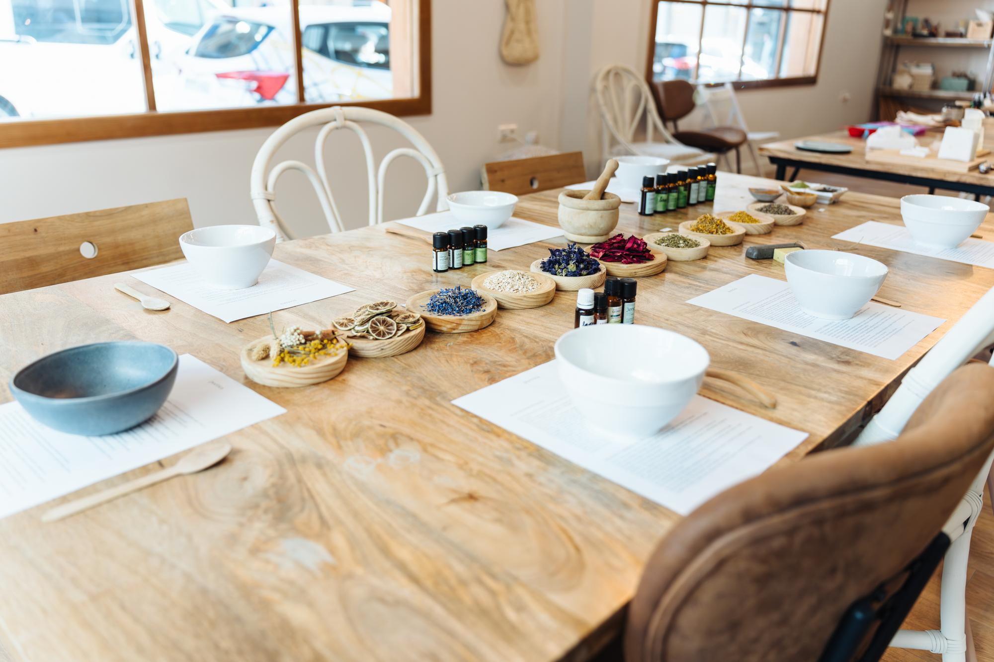 Cozy workshop interior with long table